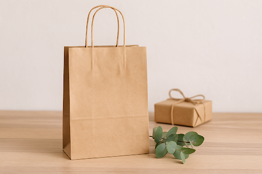 Sac kraft sur une table en bois avec eucalyptus et emballage cadeau, style naturel et épuré